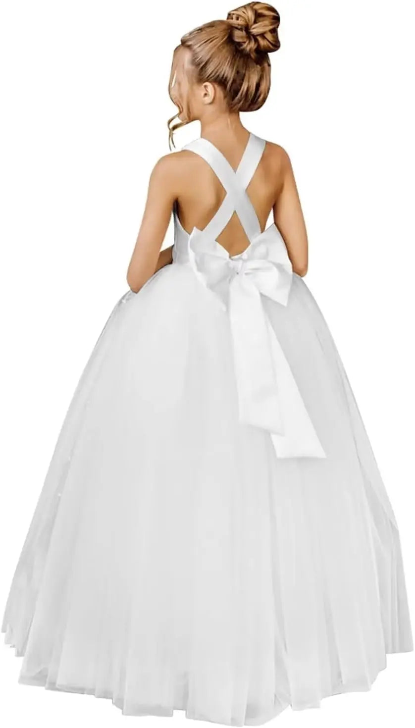 Crossed Straps Flower Girl Dress Satin Long Prom Dress with Bow Puffy Tulle Pageant Dresses for Girls princess dress