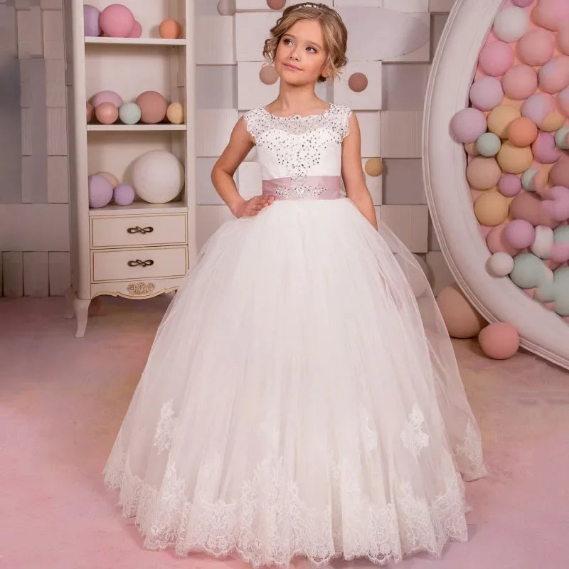 White Diamond Lace Appliques With Pink Bow Sleeveless For Wedding Birthday Party Banquet Gowns Customized Flower Girl Dresses