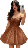 Hübsches kurzes Heimkehrkleid mit Spitzenapplikation für Teenager, glitzernder Tüll, schulterfrei, formelles Abschlussball-Cocktailkleid, Clubkleid 