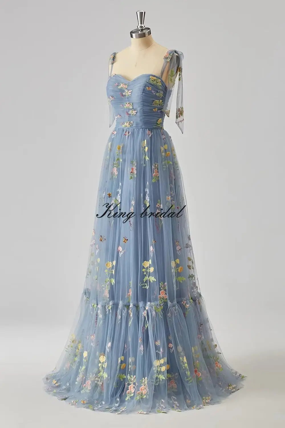 Women's Flower Embroidery Tulle Prom Dresses Corset Long Spaghetti Strap Fairy Ruched Formal Evening Party Gown Bridesmaid Dress