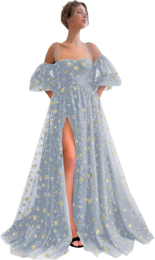Sparkly Starry Tulle Prom Dresses for Women Slit Long Puffy Sleeve Glitter Star Formal Evening Party Gown Junior Bridesmaid Gown