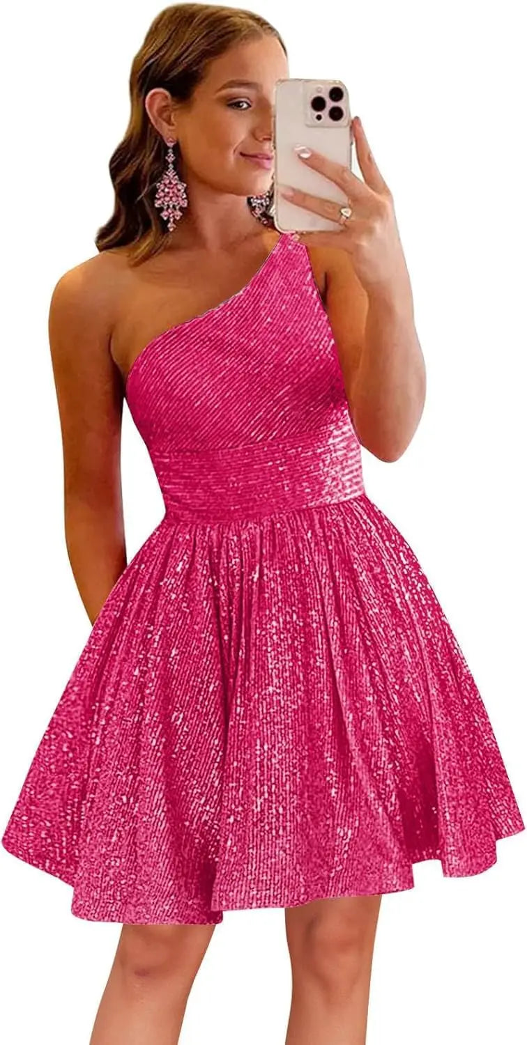 Vestido de fiesta corto con lentejuelas y un hombro brillante para mujeres y niñas. 