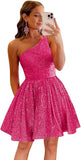 Vestido de fiesta corto con lentejuelas y un hombro brillante para mujeres y niñas. 