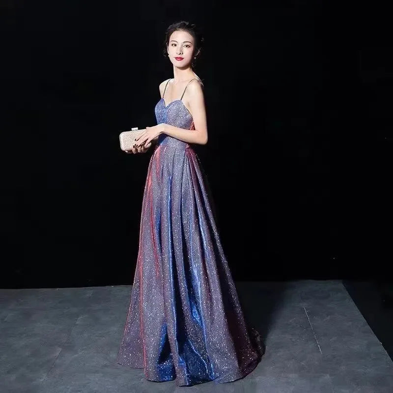 Elegant Glitter Banquet Dresses Women Fashion Spaghetti Straps Slimming Starry Sky Evening Party Dress Sexy Gown Prom Dress