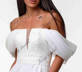 Vestido de novia de organza con falda con abertura, vestidos de novia bohemios con corsé bordado, vestido de novia de corte A, vestido de novia personalizado de Brie 