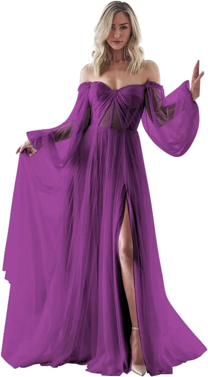 Vestidos de fiesta de manga larga abullonados para mujer, hechos a medida, con abertura en los hombros, de tul, para boda, formales, de noche, transparentes. 