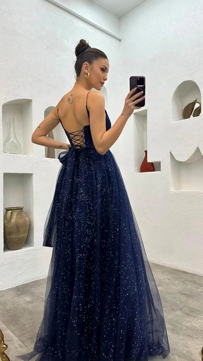 2025 Sparkly Tulle Formal Prom Dress Pleated A-Line Ball Gown with Spaghetti Straps Slit for Women Evening Dresses
