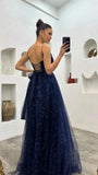 2025 Sparkly Tulle Formal Prom Dress Pleated A-Line Ball Gown with Spaghetti Straps Slit for Women Evening Dresses