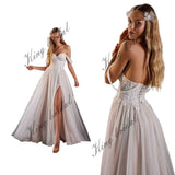 Spitzenhochzeitskleider Gepunktetes Tüll Hochzeitskleid nach Maß Schlitz Brautkleid Strand Schulterfrei schlichtes Hochzeitskleid 