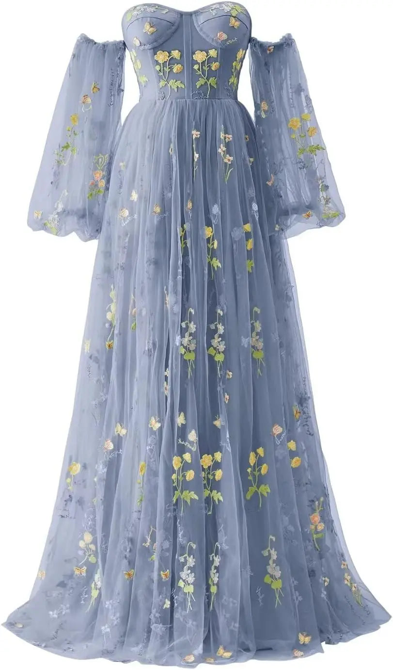 Puffy Sleeve Flower Embroidery Tulle Prom Dresses for Women Long A Line Fairy Maxi Formal Evening Party Gown Bridesmaid Dresses
