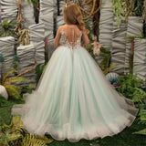Mint Green Lace Beaded Pleated Wedding Elegant 3D Floral Child First Communion Party Dress Fluffy Tulle Flower Girl Dress