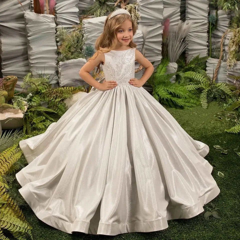 Vestido de primera comunión de princesa con lentejuelas brillantes, de lujo, plateado, sin mangas y con lazo para boda. 