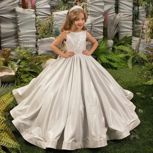 Vestido de primera comunión de princesa con lentejuelas brillantes, de lujo, plateado, sin mangas y con lazo para boda. 