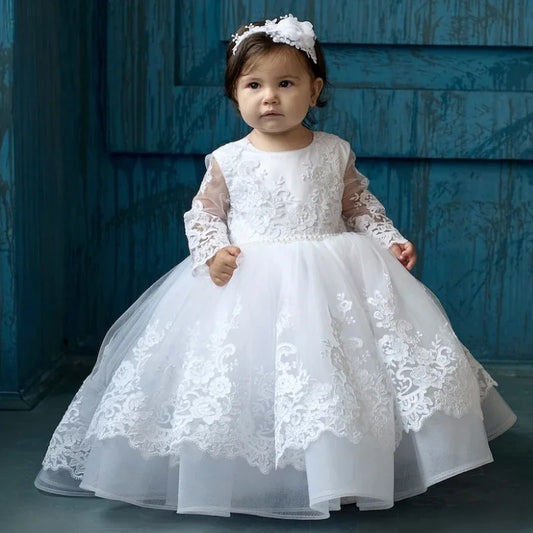 Vestidos de bautizo para bebé, tul blanco, apliques con lazo, manga larga, para boda, cumpleaños, comunión, niña de las flores 