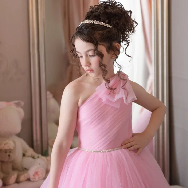 Pink Tulle With Belt Single Shoulder For Wedding Birthday Party Prom Banquet Princess Gowns Customized Flower Girl Dresses