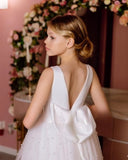 Tüllschleife Satin Blumenmädchenkleid Brautkleider Heilige Kommunion Elfenbeinkleid mit Perlen Mädchen Partykleid Prinzessin Ballkleid 