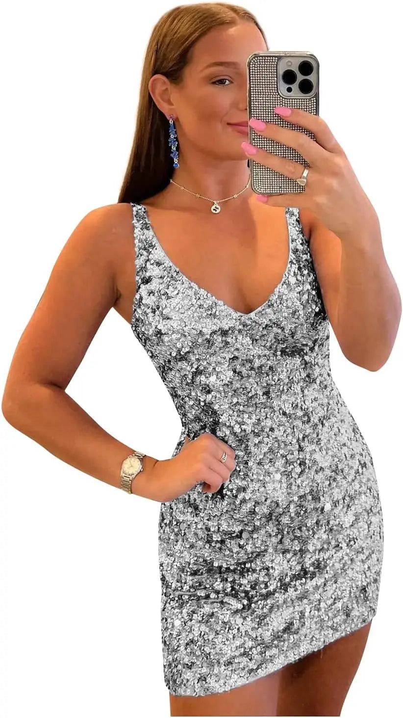 Kurze Pailletten-Heimkehrkleider für Teenager 2025 V-Ausschnitt funkelndes formelles Abschlussball-Partykleid Cocktailkleider Abschlussballkleider 