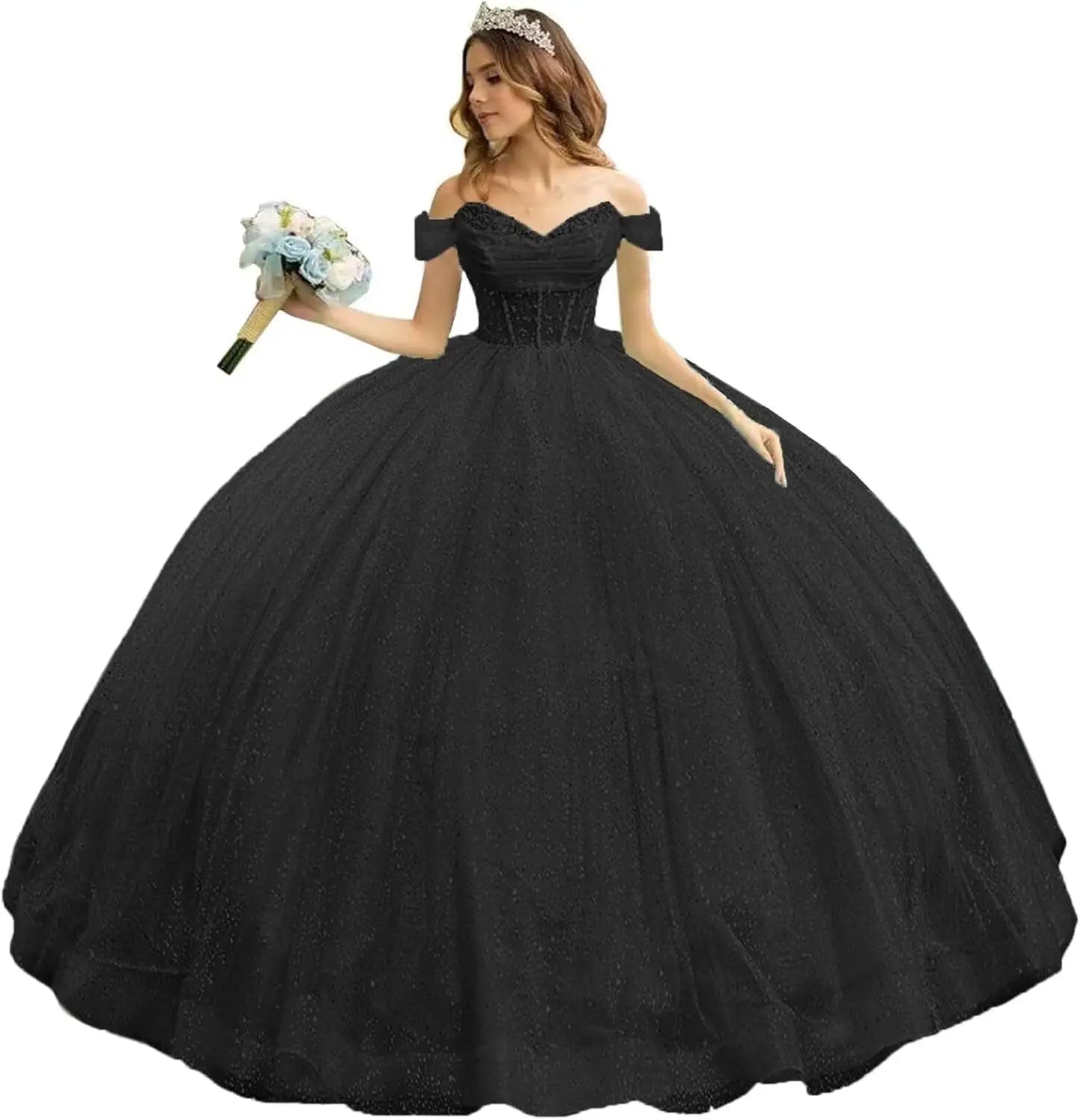 Tulle Quinceanera Dresses with Bow Puffy Off Shoulder Sweet 16 Dresses Sparkly Crystal Quince Dress with Train