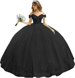 Tulle Quinceanera Dresses with Bow Puffy Off Shoulder Sweet 16 Dresses Sparkly Crystal Quince Dress with Train