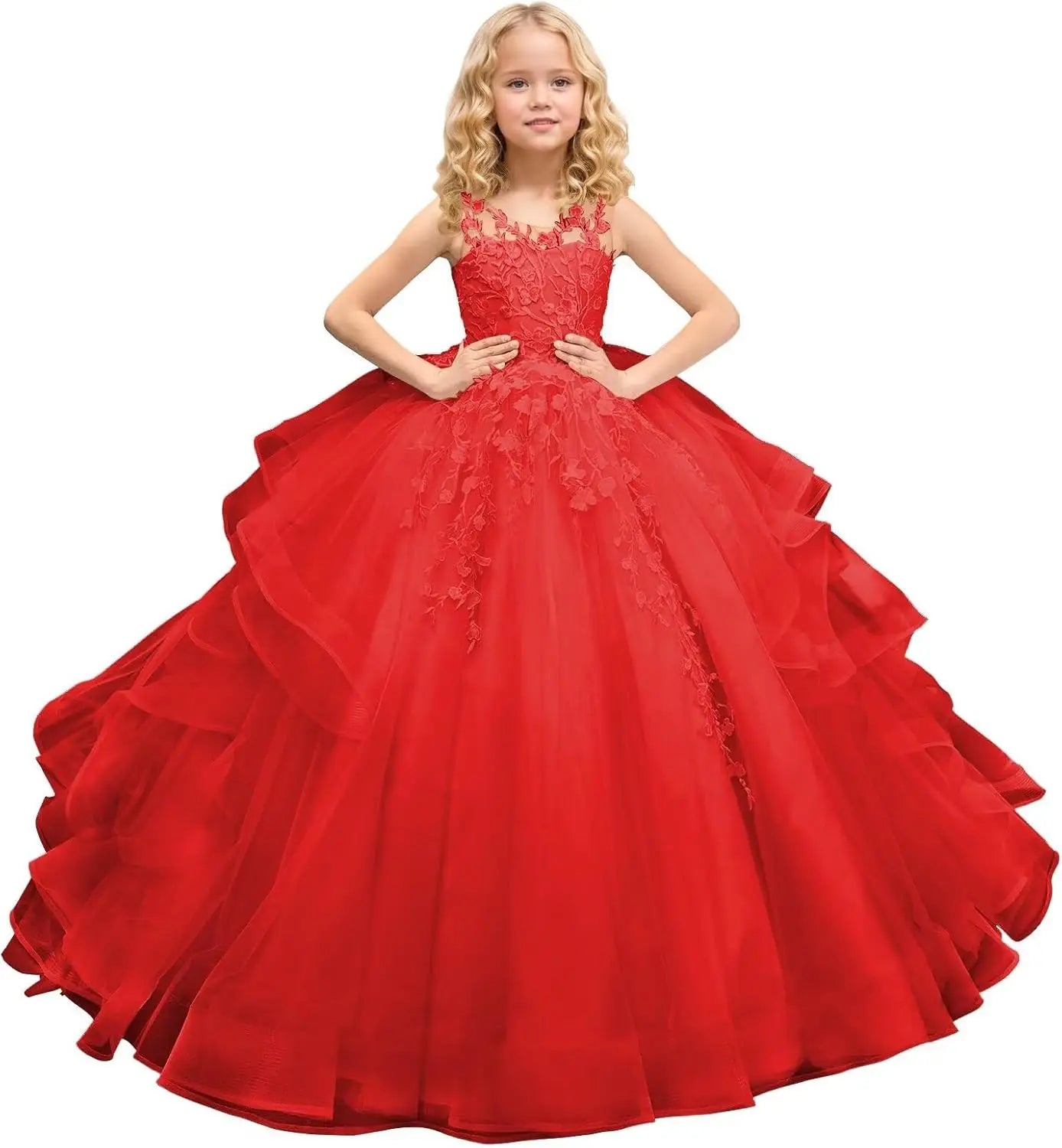 Tüll Prinzessin Ärmellose Festzugskleider Lange Spitze Applique Blumenmädchen Kleid Kinder Geburtstagsparty Ballkleid Festzugskleider 