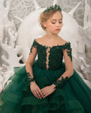 Long Sleeve Flower Girl Dresses Laces Applique Beaded Princess Pageant Dress Beaded Ruffle Tulle Kids Prom Party Gown