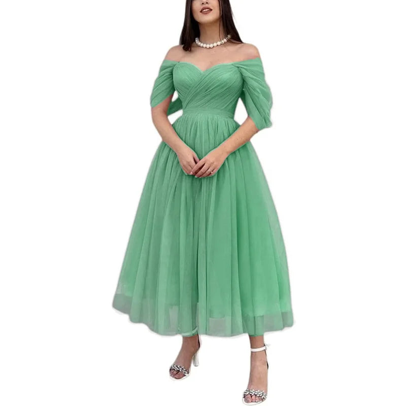 Tulle Sweetheart A-line Evening Dresses Off the Shoulder Tea-Length Formal Dress With Pleats & Bow Elegant Lace Up Prom Gowns