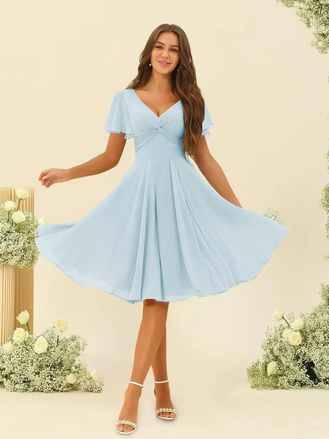 Women's Pleated Chiffon Flutter Sleeves Junior Bridesmaid Dresses with Pockets V Neck Short Formal Dress Wedding Party Gowns