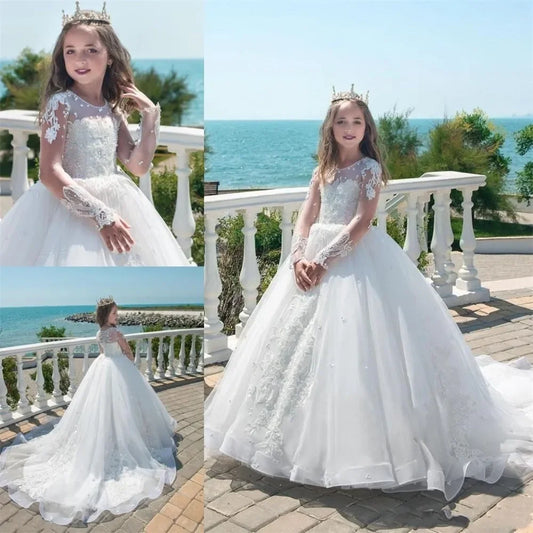 Para bodas, vestidos de encaje de manga larga hasta el suelo, personalizados, para primera comunión, para cumpleaños, para niñas de flores blancas. 