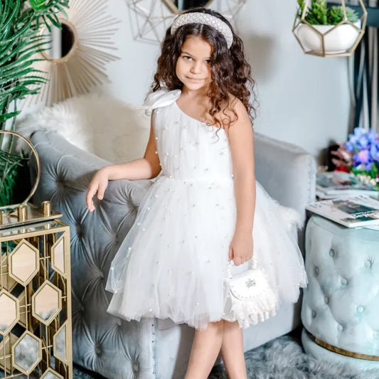 Falda de tul con perlas y lazo, un solo hombro, sin mangas, para bodas, cumpleaños, primera comunión, vestidos blancos para niñas de las flores. 