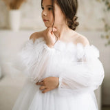 Vestido de tul blanco con lazo y flores, manga larga, para boda, fiesta de cumpleaños, banquete, princesa, niña de las flores 