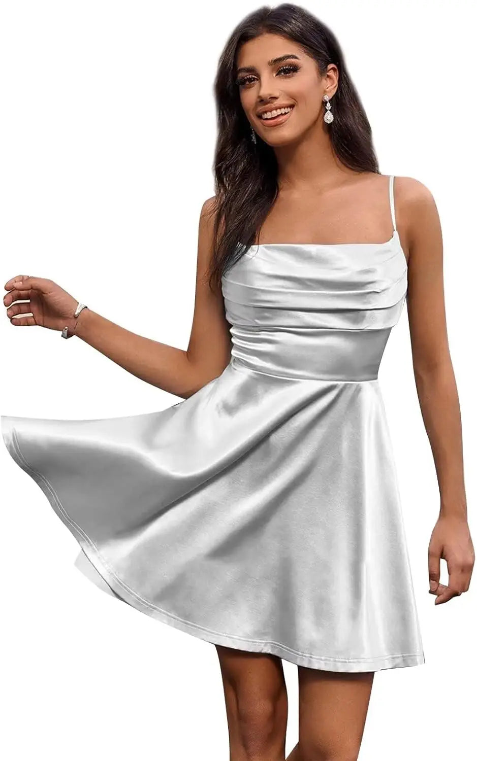 Satin Homecoming Kleider Kurze Spaghettiträger Ballkleid Wasserfallausschnitt A-Linie Cocktail Party Kleider Minikleid 