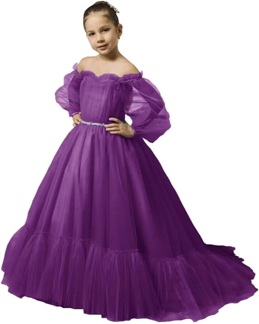 Vestidos de niña de las flores con mangas abullonadas para boda, vestidos de desfile de tul con hombros descubiertos, vestido de línea A para niña pequeña con cinturón, vestido para niña bebé 