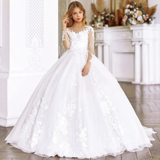 Apliques de bordado floral blanco con mangas largas para boda, fiesta de cumpleaños, banquete, vestido personalizado para niña de las flores 