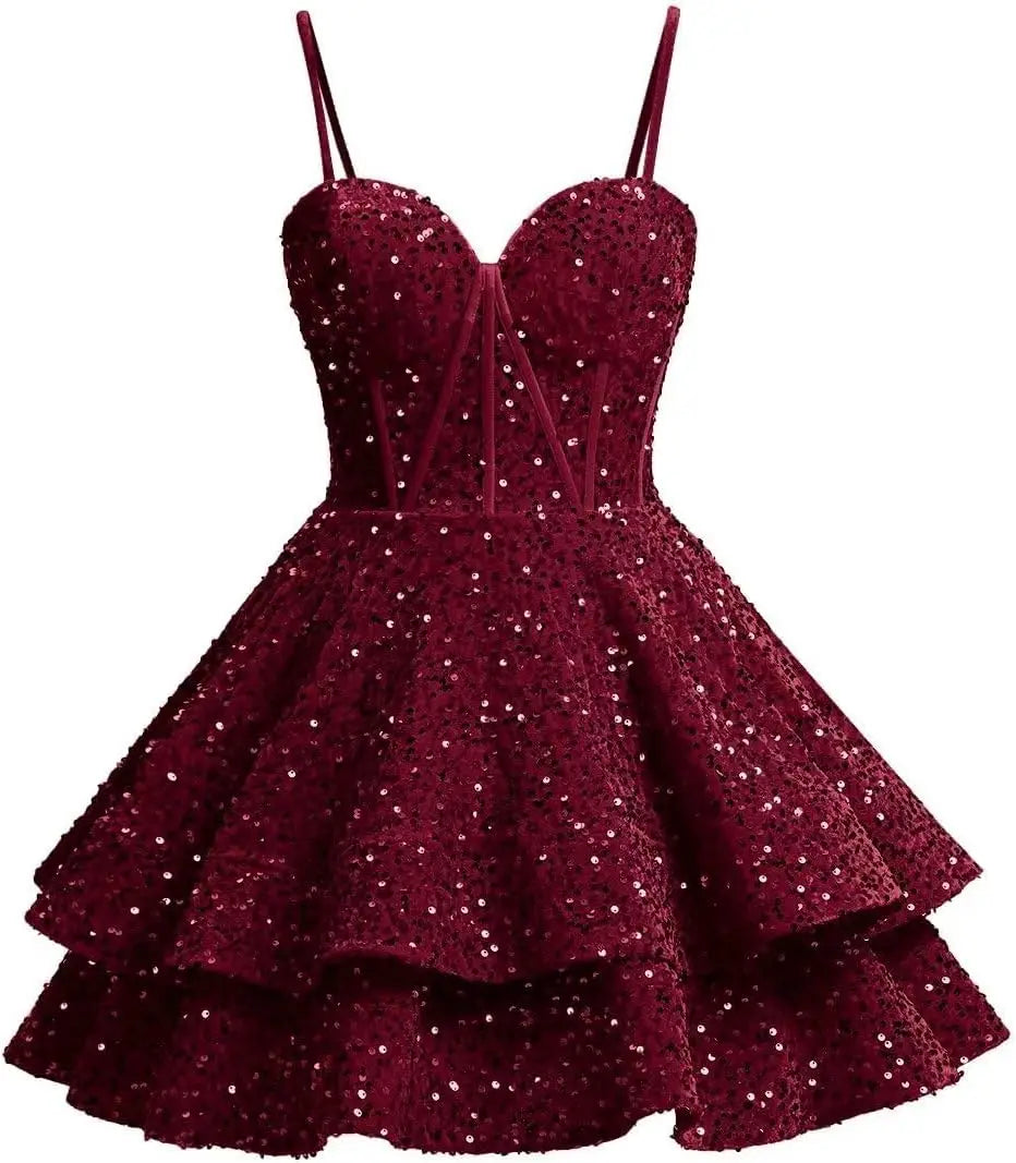 Vestidos de fiesta de graduación con lentejuelas brillantes para adolescentes, tirantes finos, corsé, vestido de cóctel con capas brillantes 