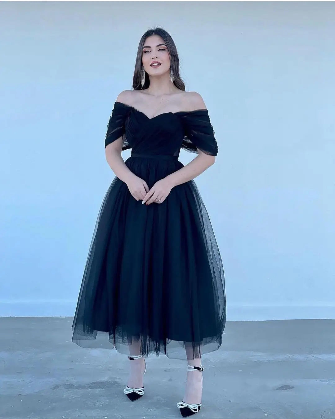 Tulle Sweetheart A-line Evening Dresses Off the Shoulder Tea-Length Formal Dress With Pleats & Bow Elegant Lace Up Prom Gowns