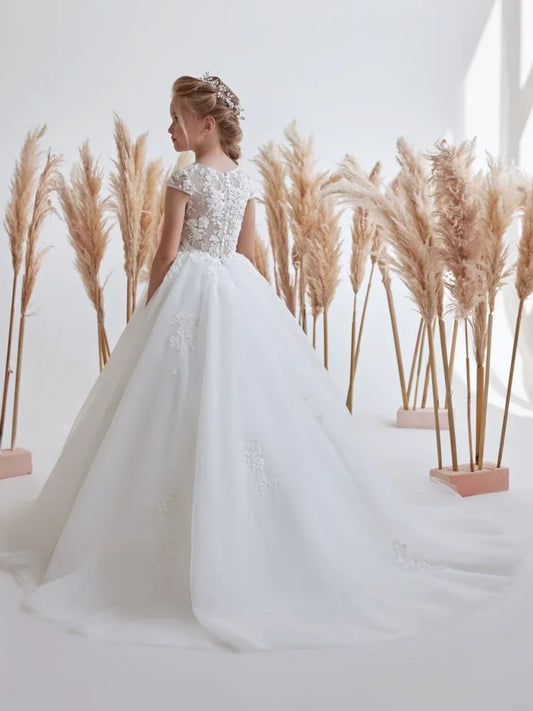 Vestidos de comunión para banquetes de cumpleaños, vestidos de niña de las flores de tul blanco con apliques florales y cola, sin mangas para boda 