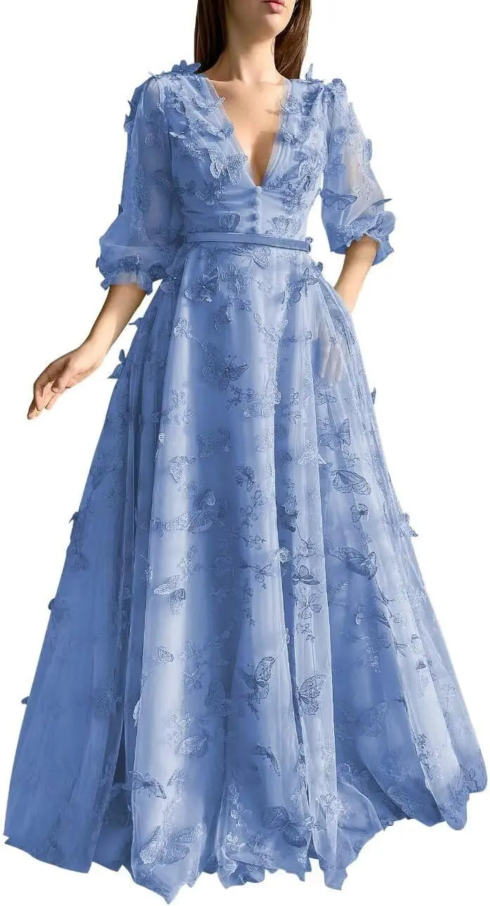 Damen Ballkleid mit Puffärmeln, 3D-Schmetterling, langer V-Ausschnitt, Tüll, Ballkleid, formelles Abendkleid 