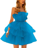 Vestidos de fiesta de tul con hombros descubiertos, abullonados, cortos, sin tirantes, de malla, con volantes, formales, para cóctel o gala 