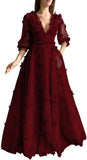 Damen Ballkleid mit Puffärmeln, 3D-Schmetterling, langer V-Ausschnitt, Tüll, Ballkleid, formelles Abendkleid 