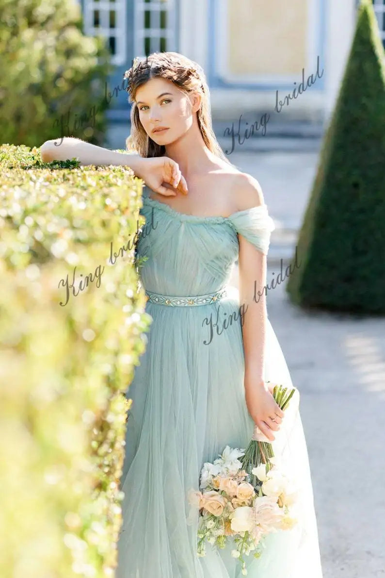 Vestido de novia con hombros descubiertos Vestido de novia color menta pastel de tul completo Vestido de noche con corsé drapeado Vestido de novia sin espalda 