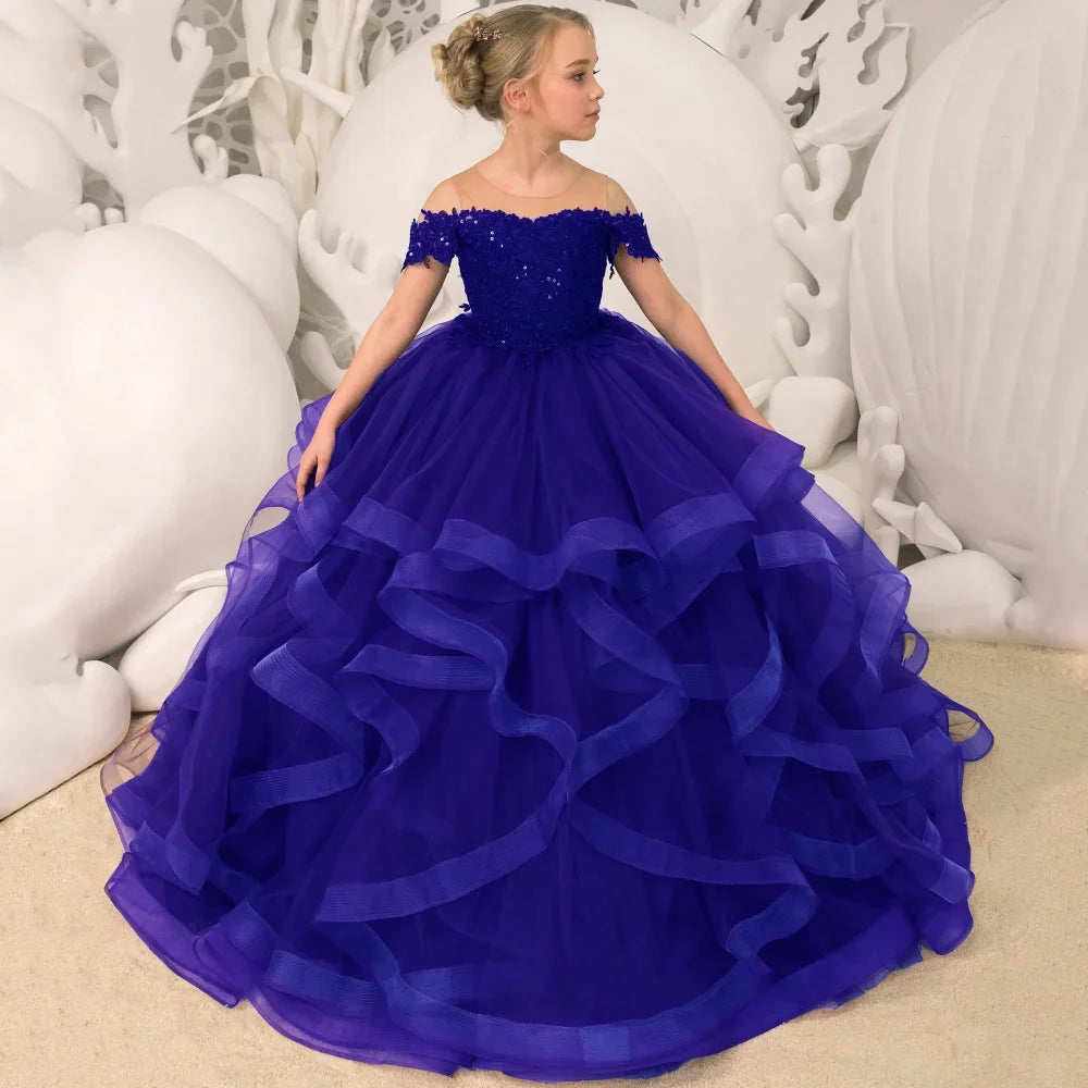 Grape Purple Floral Appliques Tiered With Trailing For Wedding Birthday Party Banquet Gown Customized Flower Girl Dresses