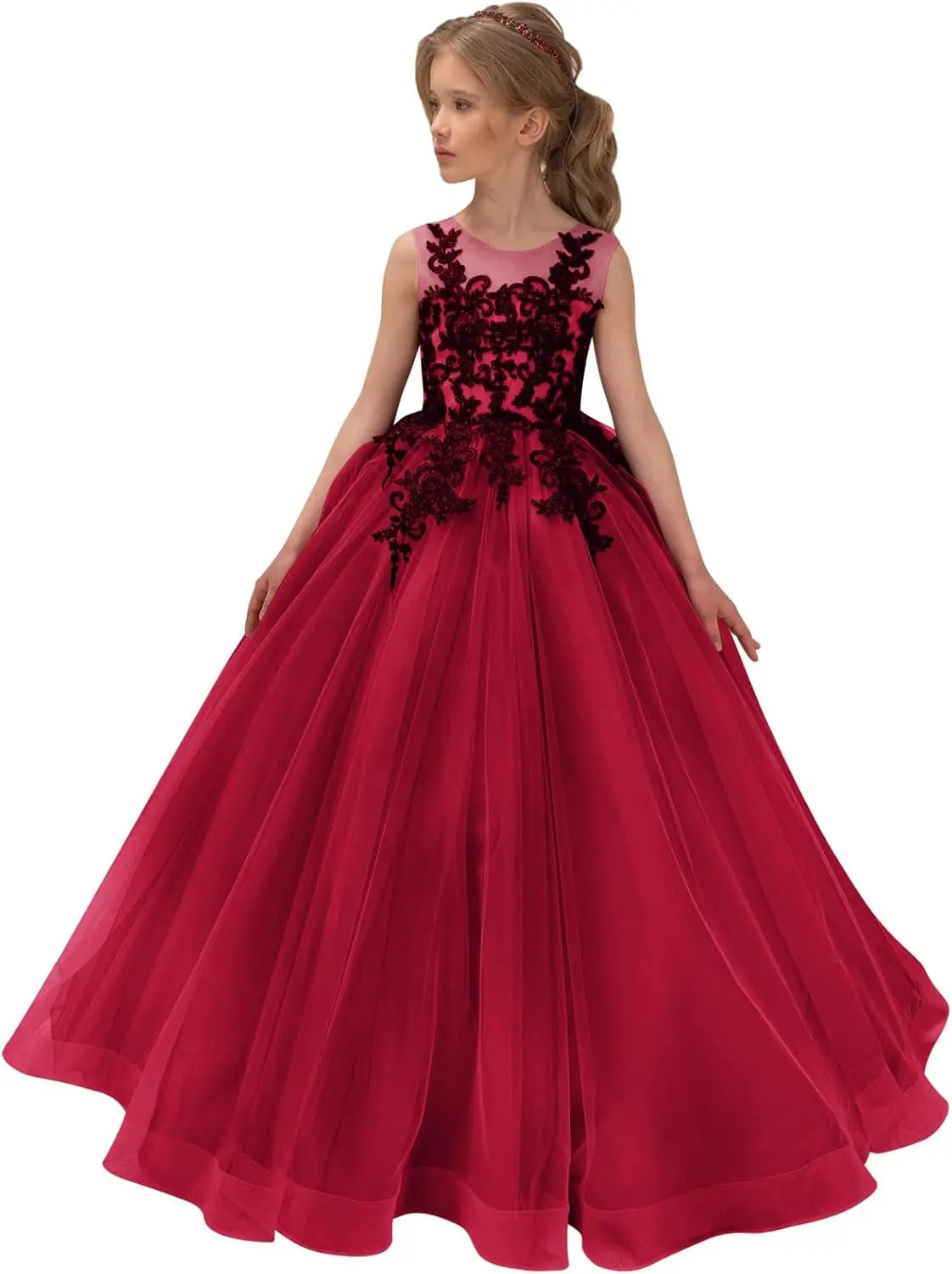 Festzugskleider für Mädchen, Spitzenapplikation, Blumenmädchenkleid, Tüll, Festzugskleid für Mädchen, lang, ärmellos, Prinzessinnen-Party-Ballkleid 