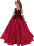 Festzugskleider für Mädchen, Spitzenapplikation, Blumenmädchenkleid, Tüll, Festzugskleid für Mädchen, lang, ärmellos, Prinzessinnen-Party-Ballkleid 