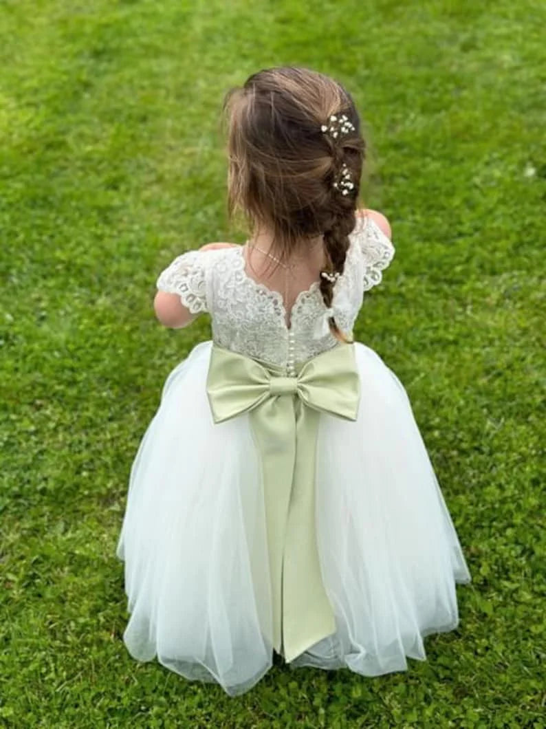 Flower girl dress, Sage Sashes, Birthday Baby Dresses Lace Tulle First Communion Gowns Wedding princess Kids ball gown