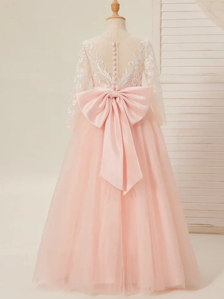 Vestidos de primera comunión para fiesta de cumpleaños, vestidos de niña de las flores de tul rosa, apliques blancos con cola y lazo, manga larga para boda 