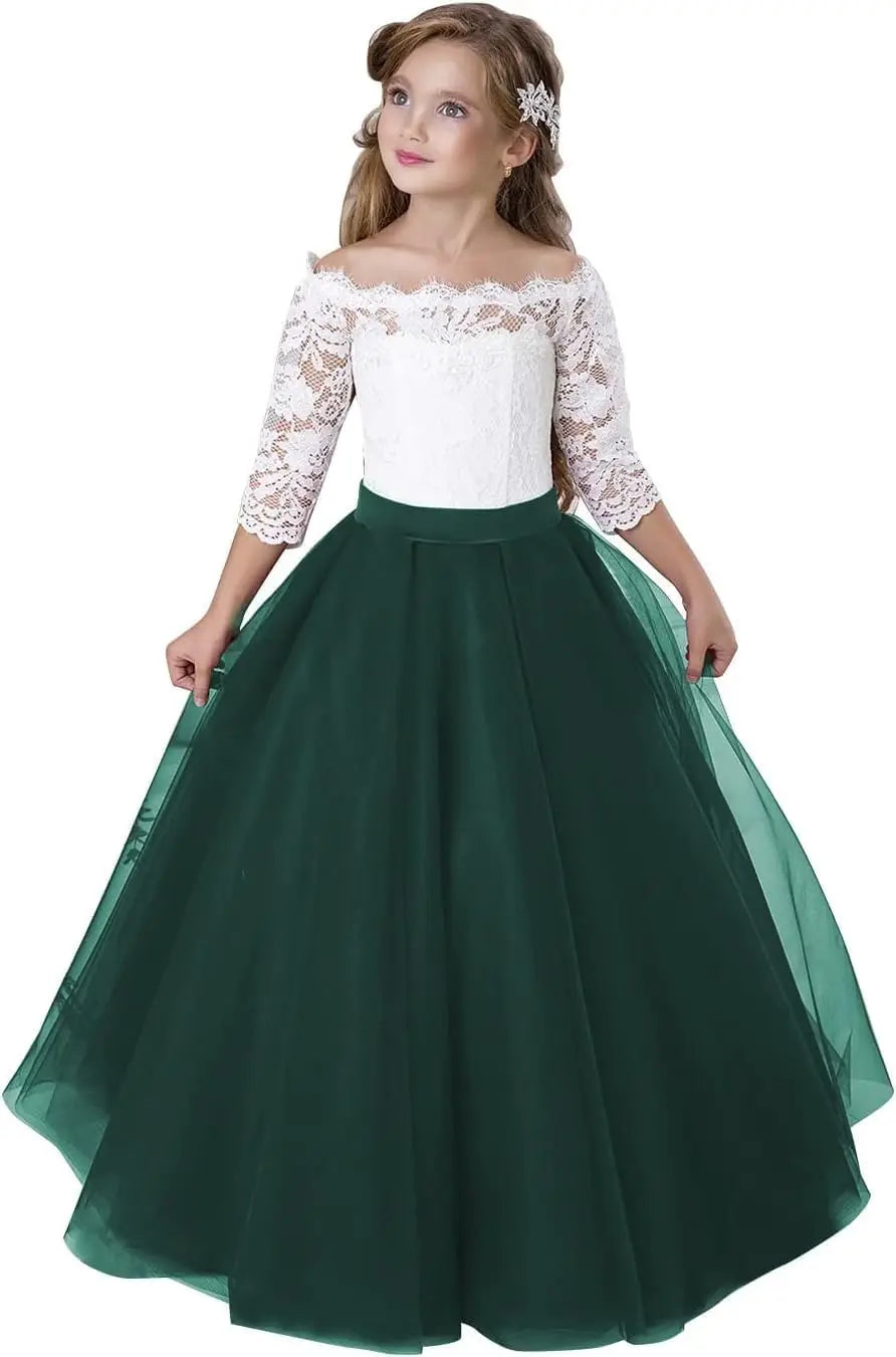 Blumenmädchenkleid Langarm Kinder Weiß Spitze Kinder Festzug Party Weihnachten Ballkleid Erstkommunion Kleider 