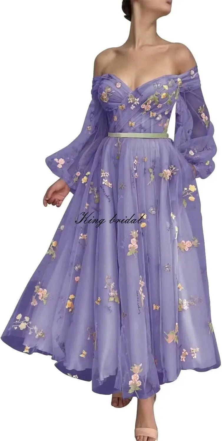Bridesmaid Dress Long Sleeve Flower Embroidery Lace Tulle Prom Dresses for Women A Line Fairy Maxi Formal Evening Party Gowns