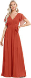 Vestido de dama de honor para mujer, escote en V, mangas con volantes, busto fruncido, largo hasta el suelo, de gasa, vestido formal para invitada de boda. 