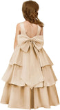 Girls Crewneck Layers Flower Girl Satin Pageant Dress with Bow Knot Backless Birthday Party Formal Dress princess dress