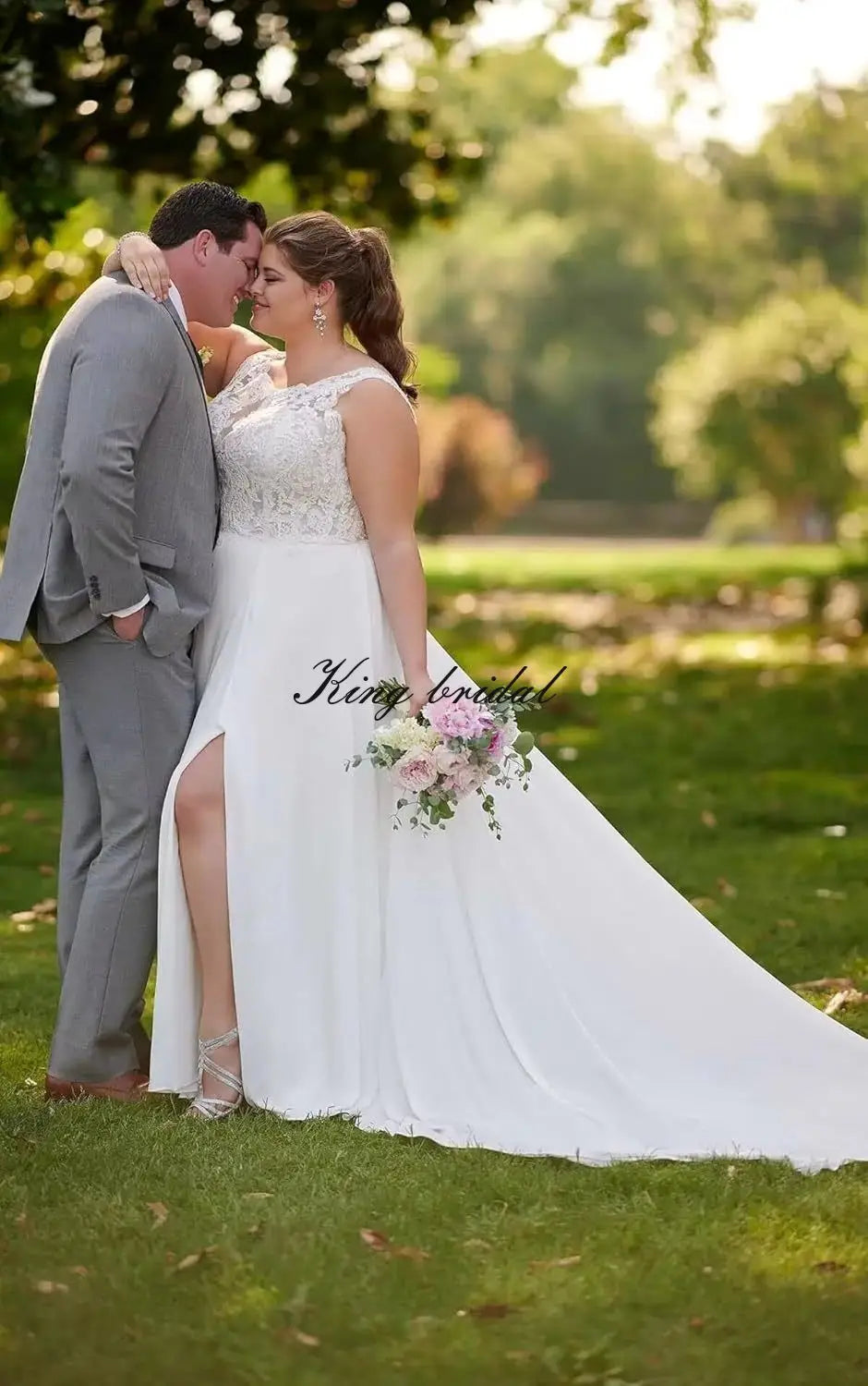 Vestido de novia bohemio largo con abertura en forma de A, elegante, de gasa y encaje, hecho a medida, para playa, 2026 